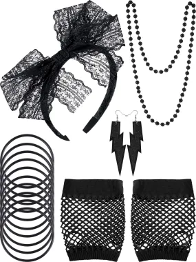 80s Lace Headband Earrings Fishnet Gloves Necklace Bracelet for 80s Party 5 Pieces Black Style a