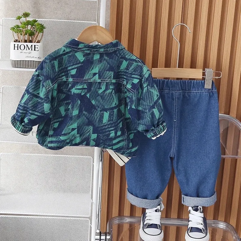 Boys Printed Shacket With Striped T-Shirt And Jeans 3 Pcs Set