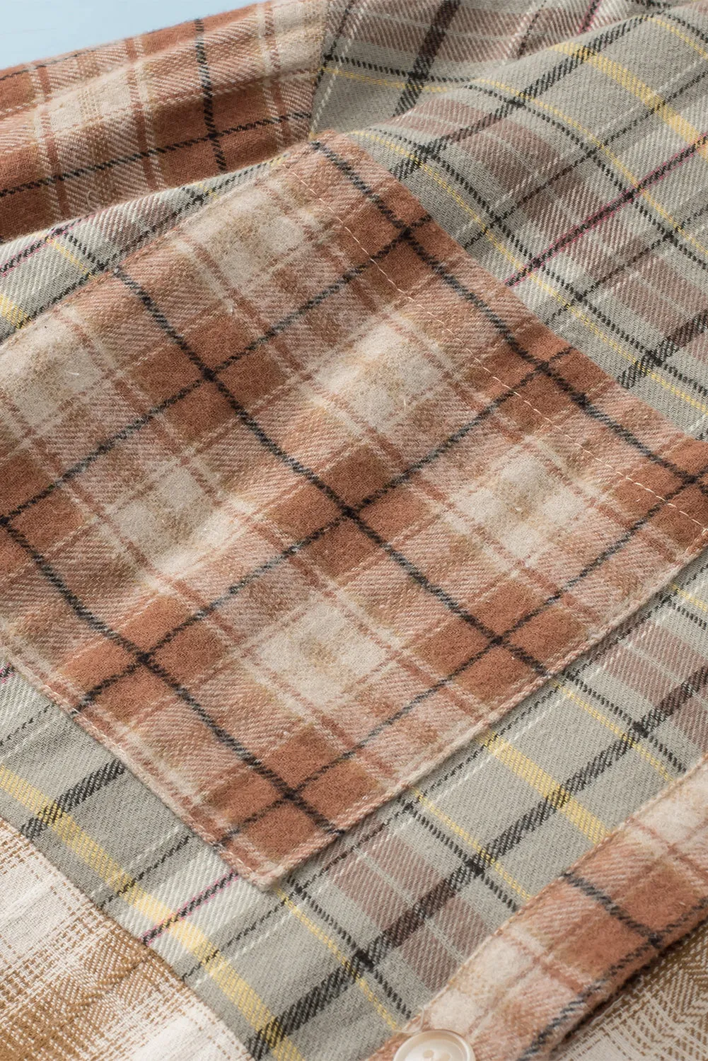 Brown Multi Plaid Patchwork Raw Edge Casual Shirt