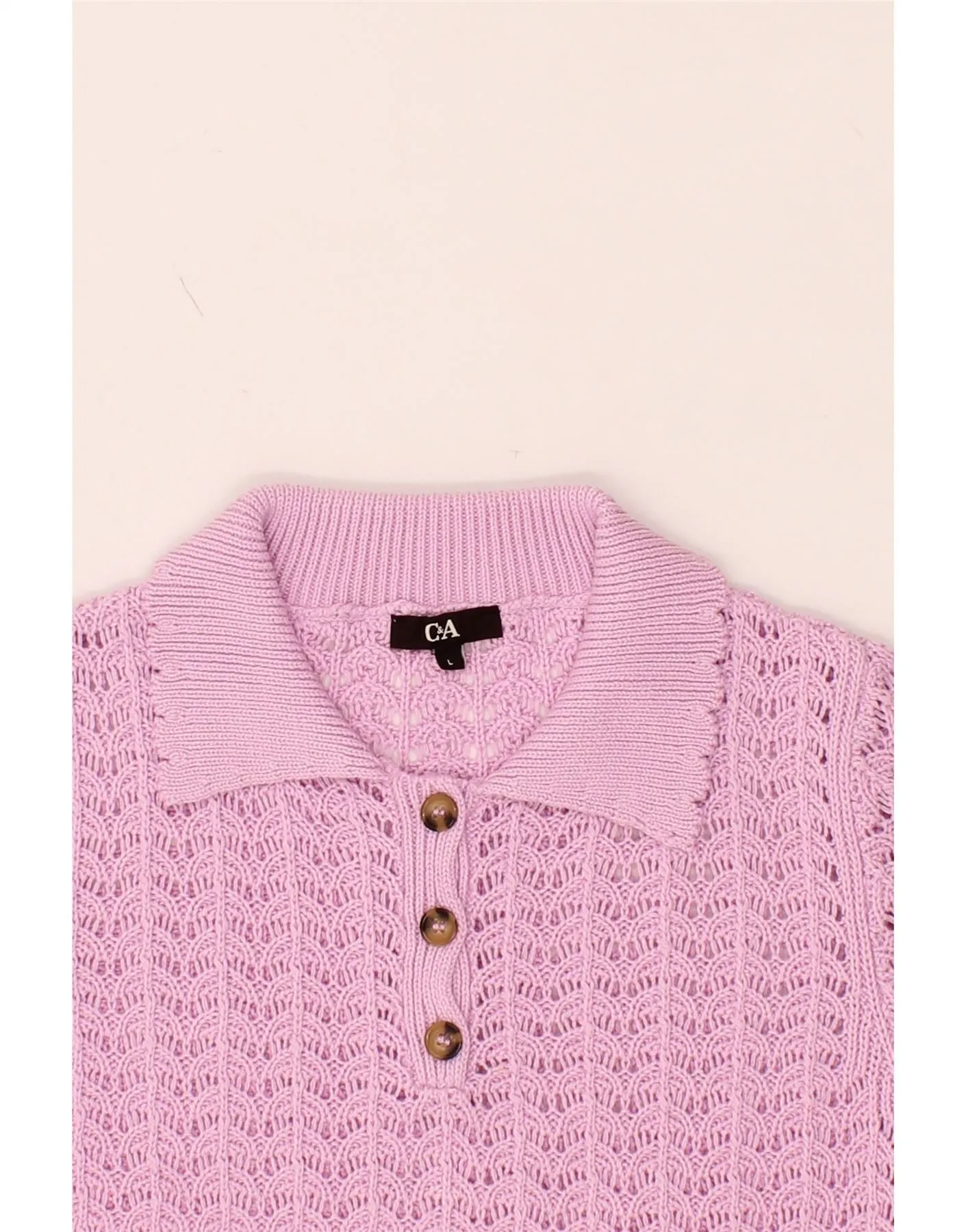 C&A Womens Short Sleeve Polo Neck Jumper Sweater UK 14 Large Pink Cotton