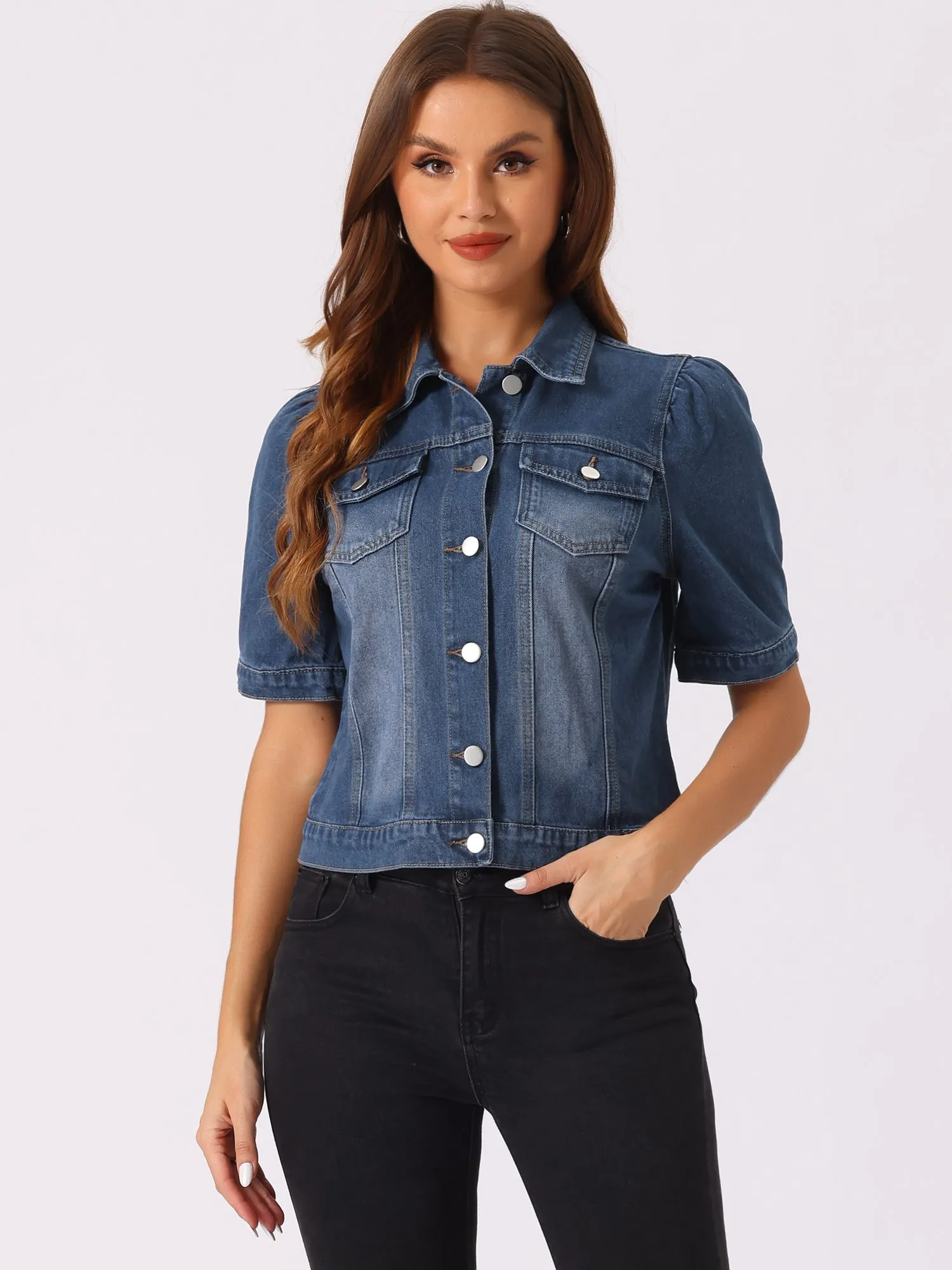 Casual Short Puff Sleeves Button-Down Jean Denim Jacket