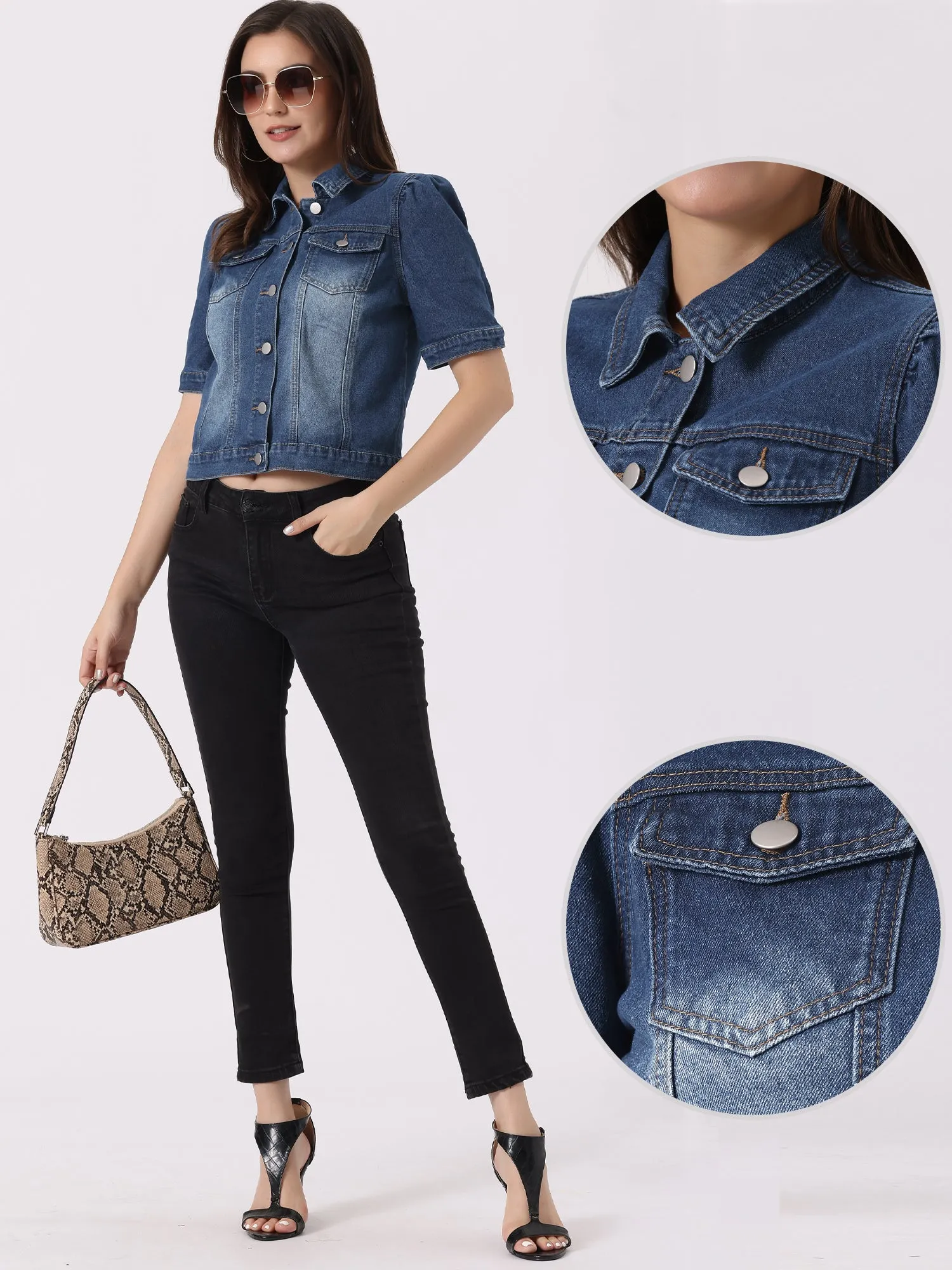 Casual Short Puff Sleeves Button-Down Jean Denim Jacket