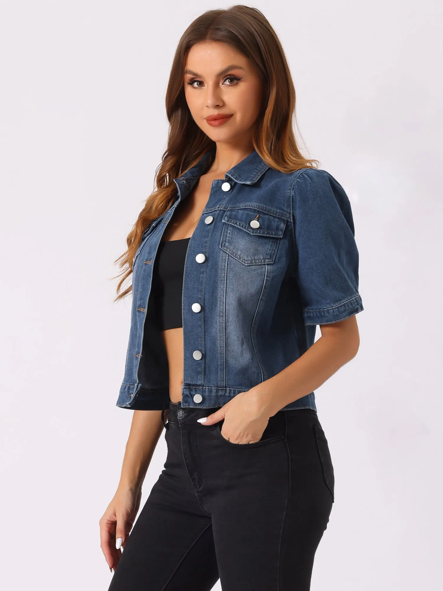 Casual Short Puff Sleeves Button-Down Jean Denim Jacket