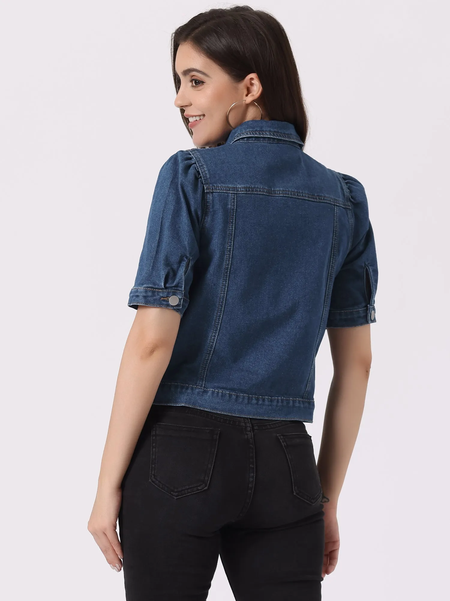 Casual Short Puff Sleeves Button-Down Jean Denim Jacket