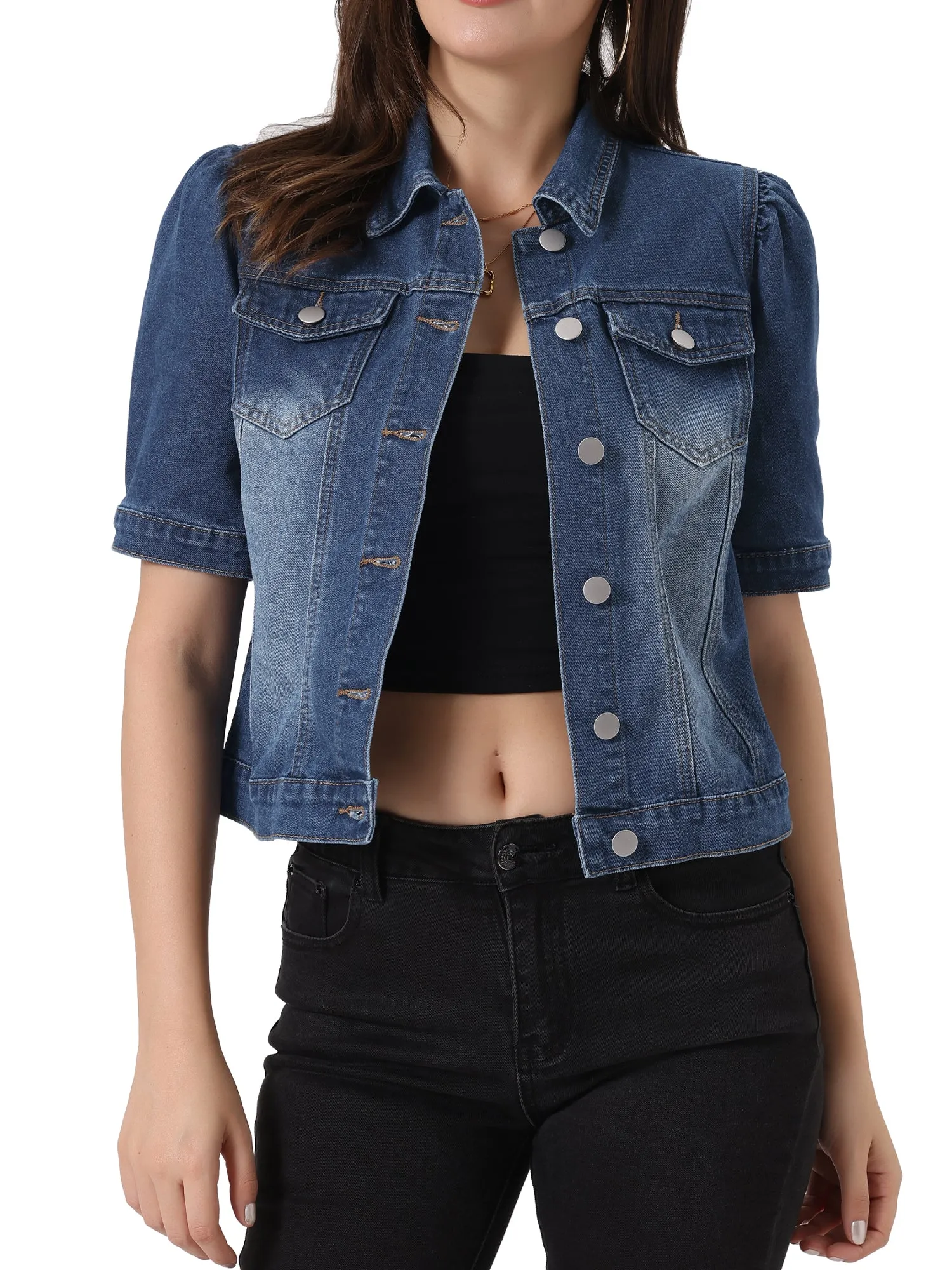 Casual Short Puff Sleeves Button-Down Jean Denim Jacket