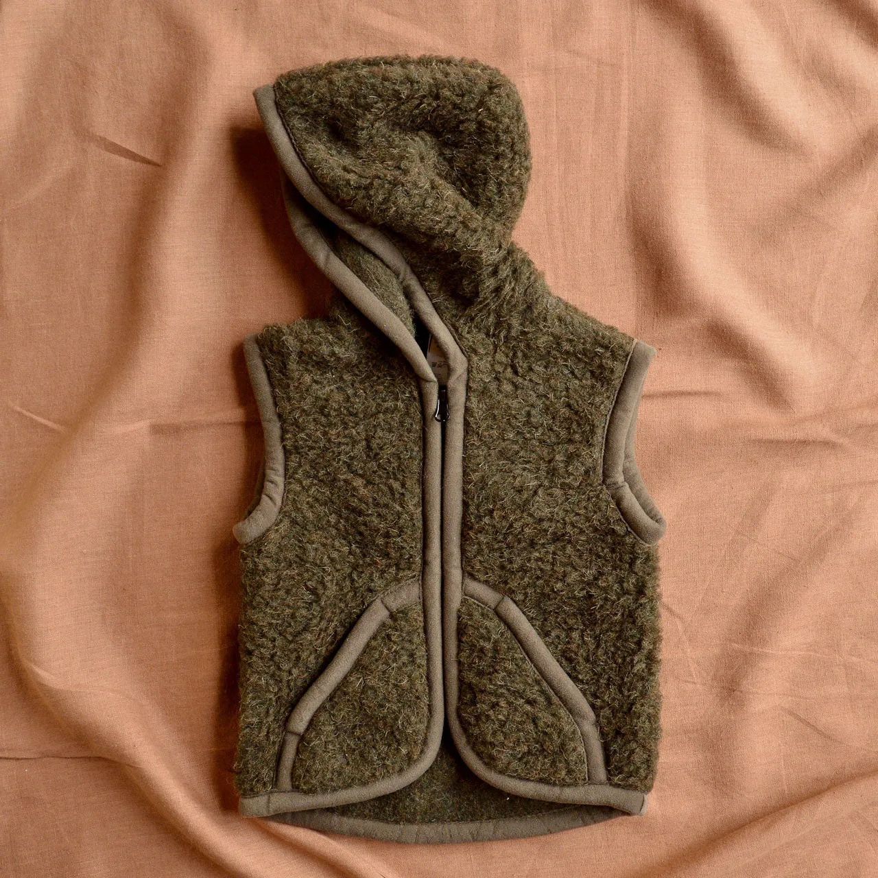 Hooded Zip Teddy Vest - Wool Fleece - Khaki (1-12y )