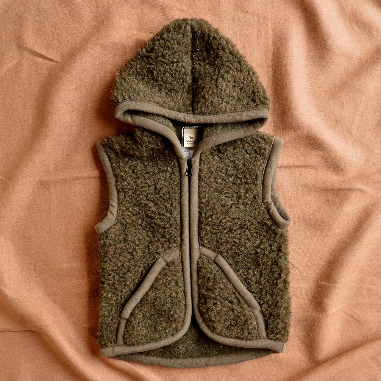 Hooded Zip Teddy Vest - Wool Fleece - Khaki (1-12y )