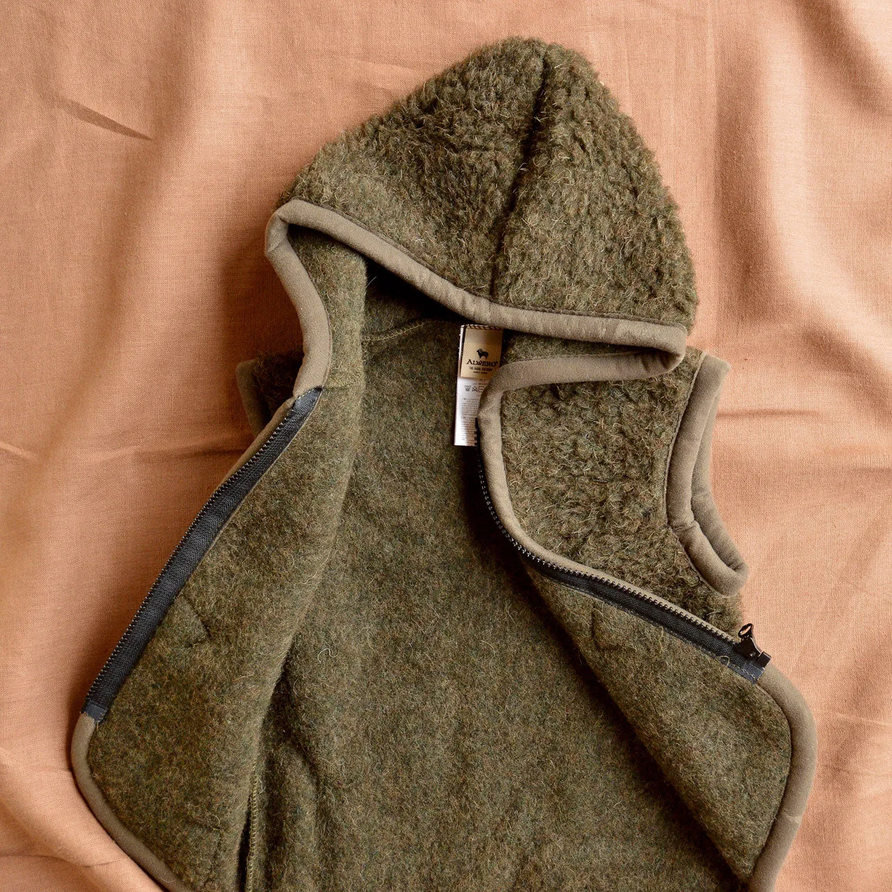 Hooded Zip Teddy Vest - Wool Fleece - Khaki (1-12y )