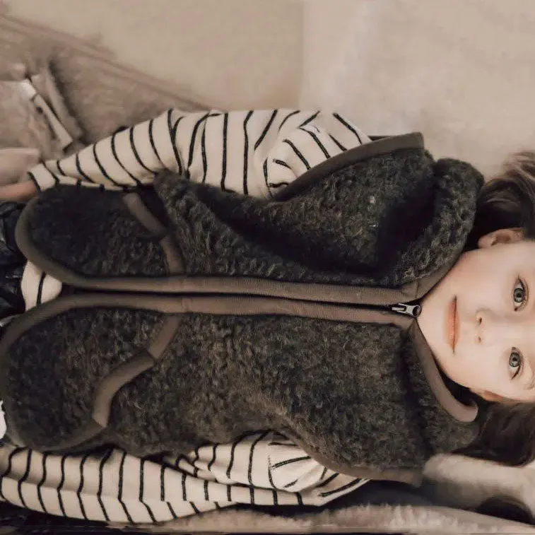 Hooded Zip Teddy Vest - Wool Fleece - Khaki (1-12y )