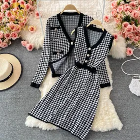 kamames 2021 Autumn Winter Knitting 2 Piece Set Women's Single-Breasted Cardigan Jacket Warm Sweater Jacket   Knitted Vest Dress