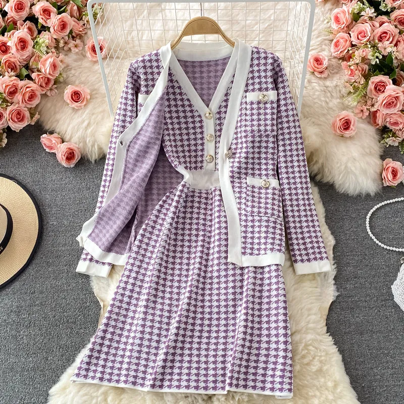 kamames 2021 Autumn Winter Knitting 2 Piece Set Women's Single-Breasted Cardigan Jacket Warm Sweater Jacket   Knitted Vest Dress