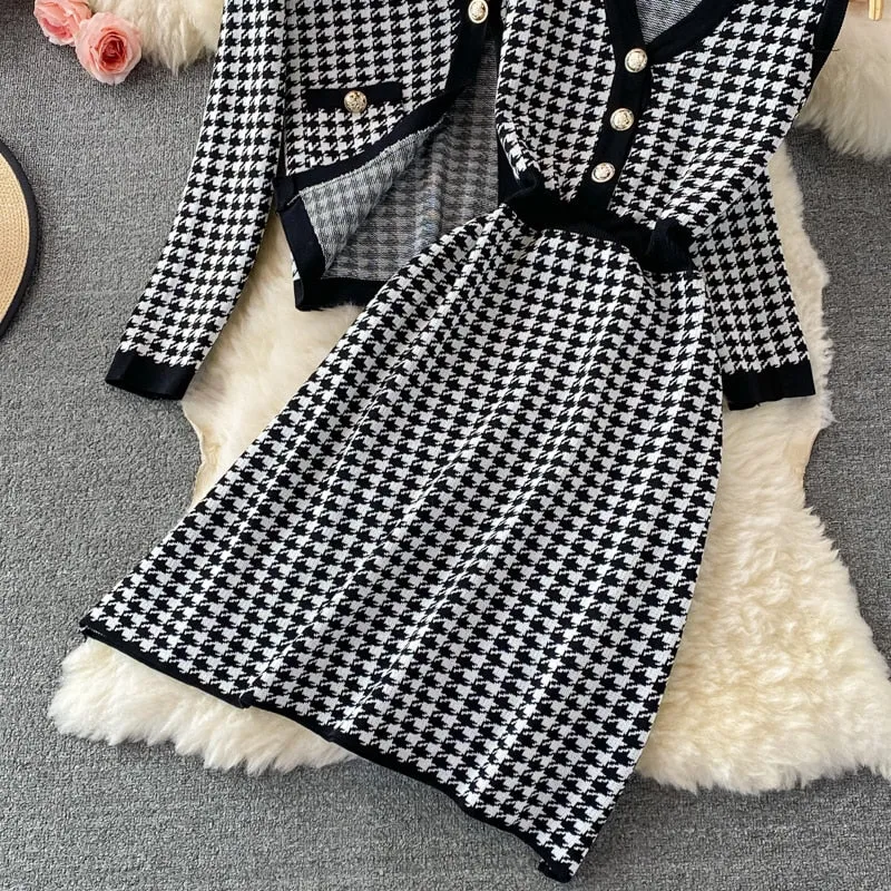 kamames 2021 Autumn Winter Knitting 2 Piece Set Women's Single-Breasted Cardigan Jacket Warm Sweater Jacket   Knitted Vest Dress