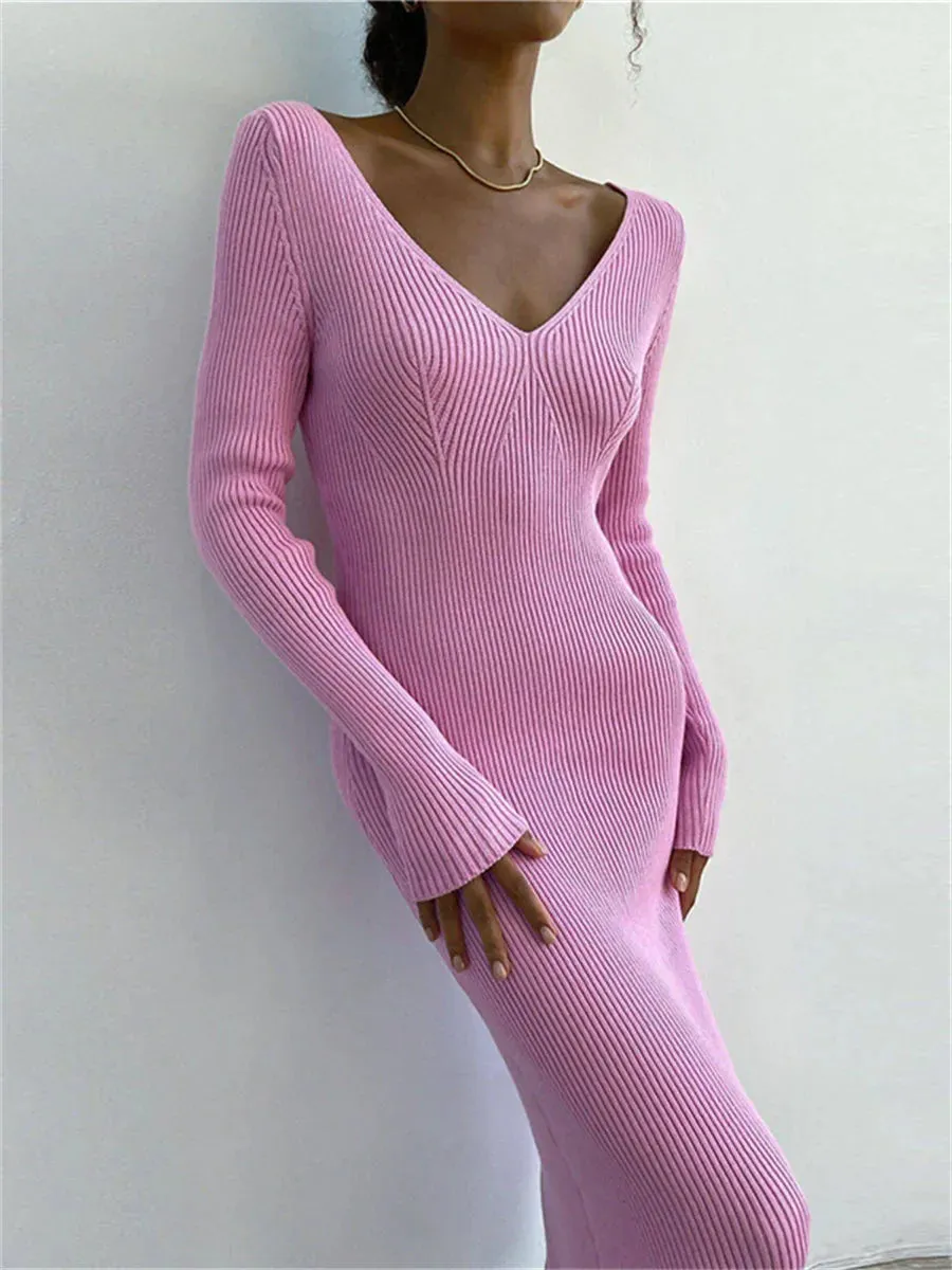Knit Rib Long Sleeve V Neck Backless Midi Dress for Fall Winter