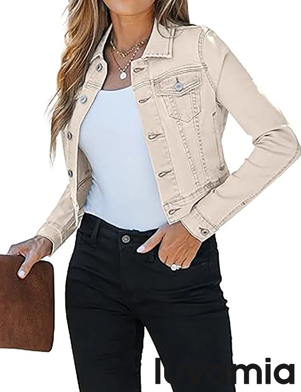 luvamia 2025 Cropped Jean Jackets for Women Fashion Short Denim Shacket Jacket Lightweight Fitted Stretchy with Pockets