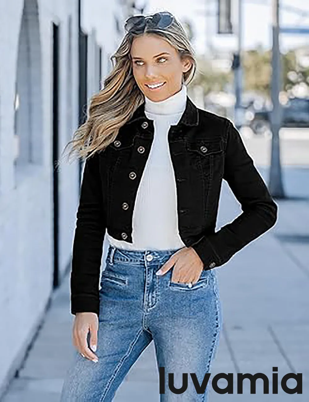 luvamia 2025 Cropped Jean Jackets for Women Fashion Short Denim Shacket Jacket Lightweight Fitted Stretchy with Pockets