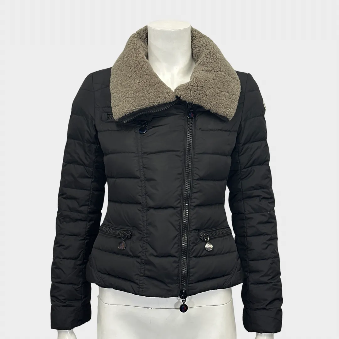 MONCLER women's black cropped puffer jacket with shearling collar