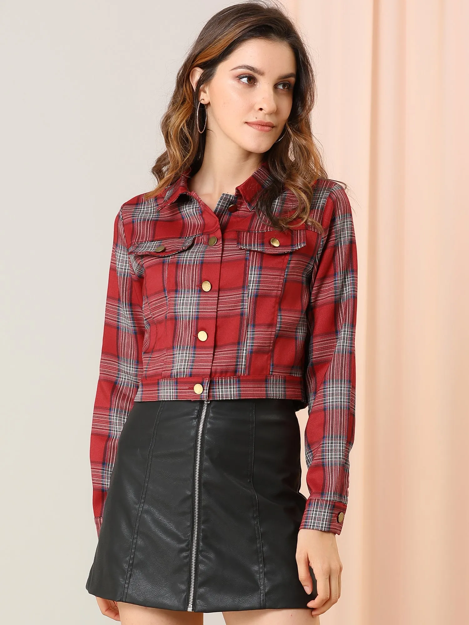 Plaid Cropped Long Sleeve Lapel Button Down Moto Jacket