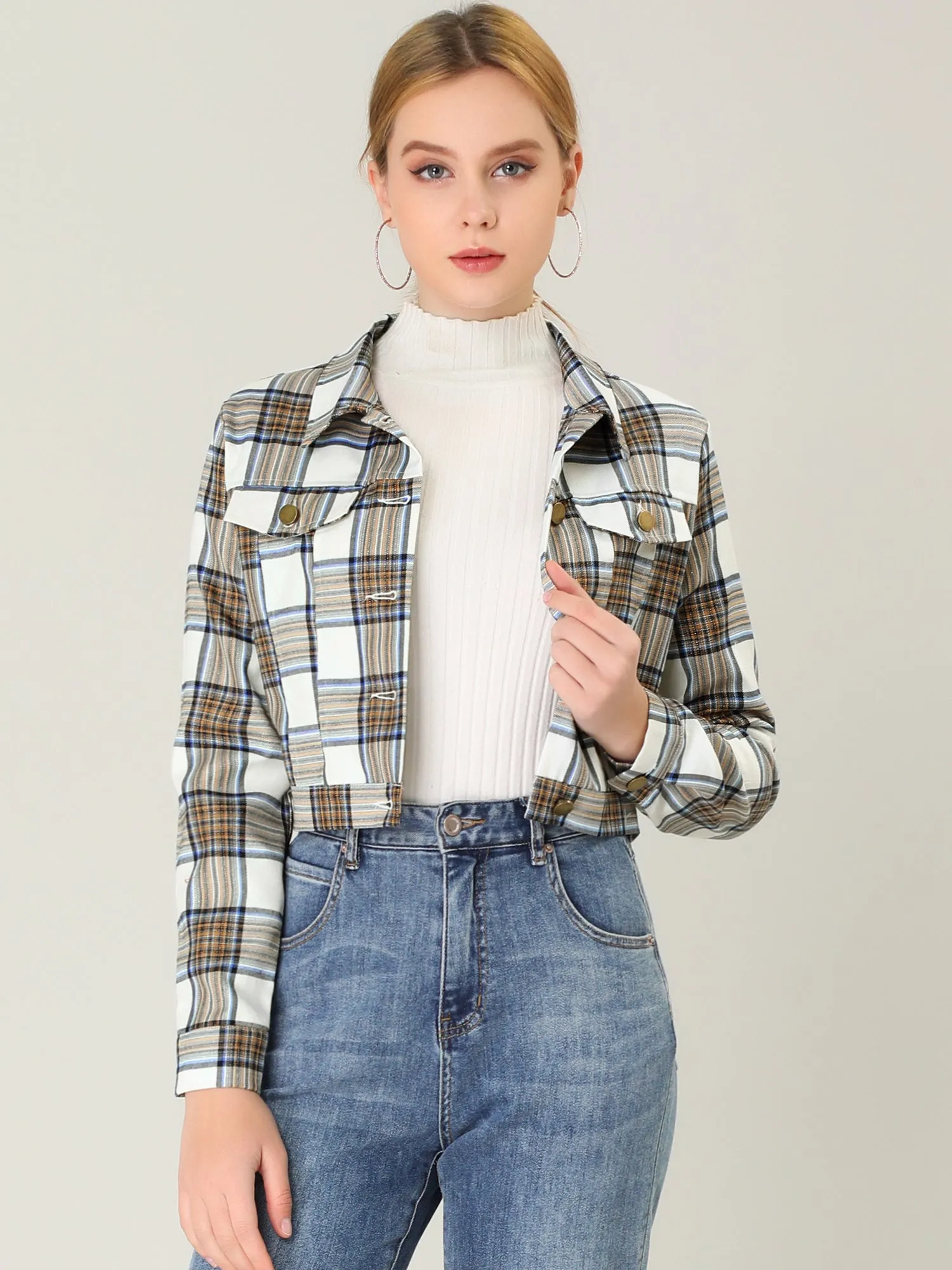 Plaid Cropped Long Sleeve Lapel Button Down Moto Jacket