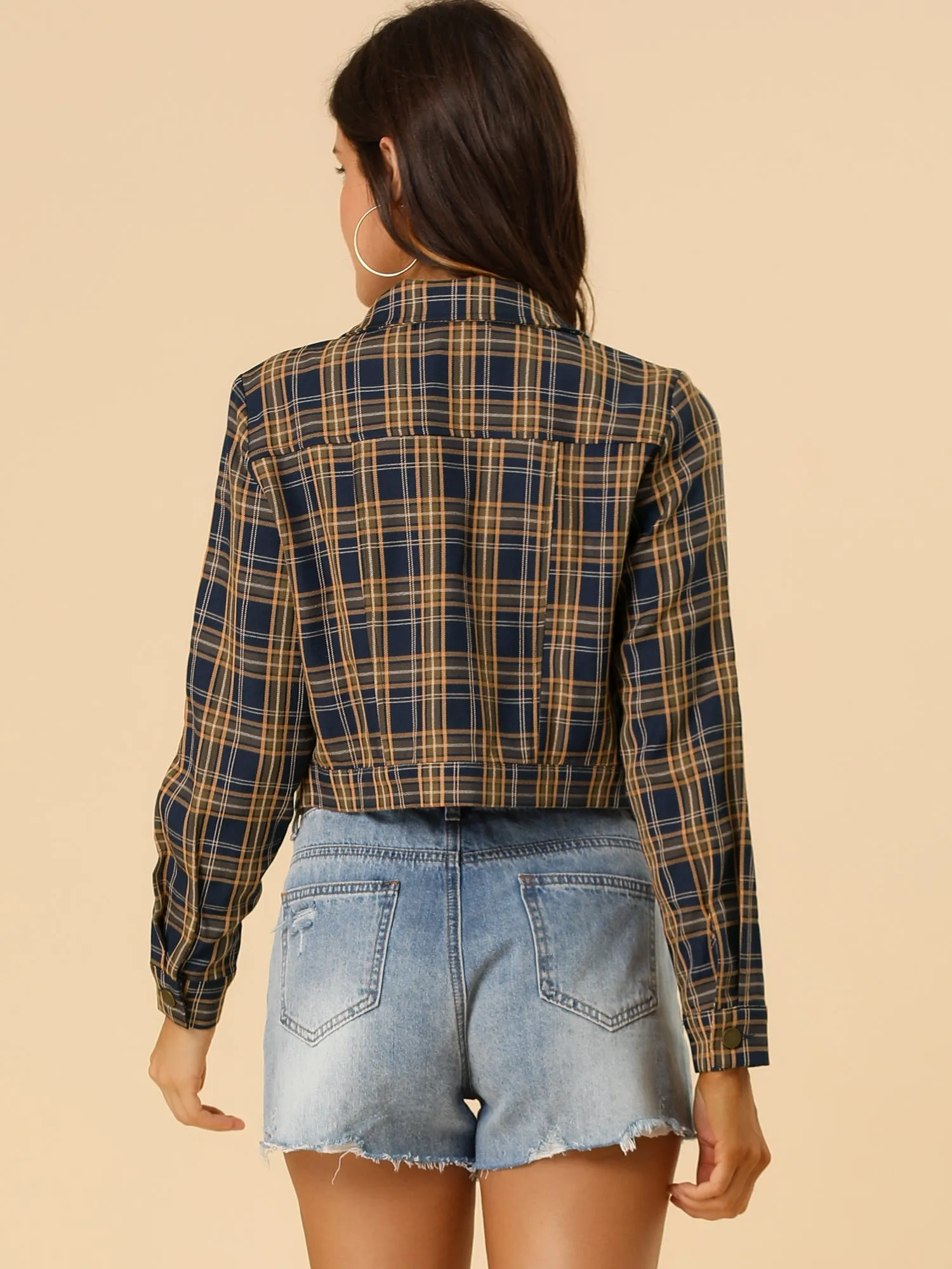 Plaid Cropped Long Sleeve Lapel Button Down Moto Jacket