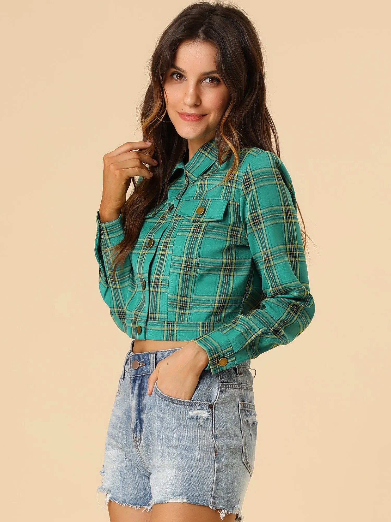 Plaid Cropped Long Sleeve Lapel Button Down Moto Jacket