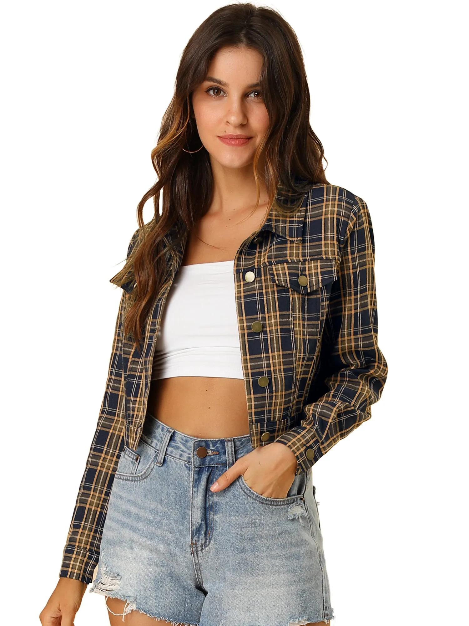Plaid Cropped Long Sleeve Lapel Button Down Moto Jacket