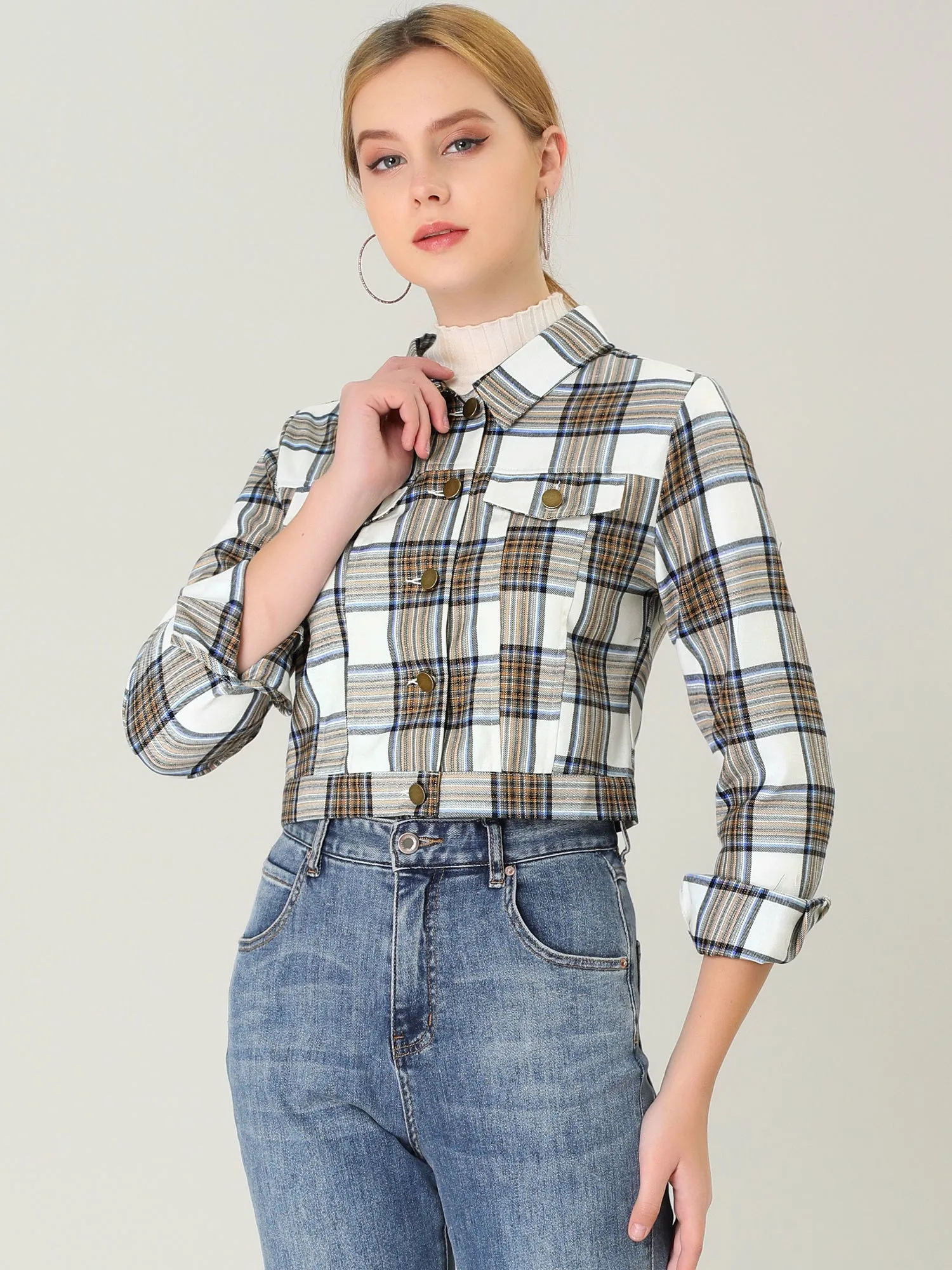 Plaid Cropped Long Sleeve Lapel Button Down Moto Jacket