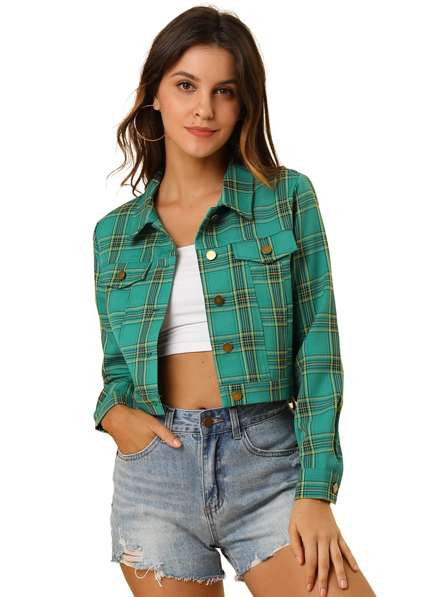 Plaid Cropped Long Sleeve Lapel Button Down Moto Jacket
