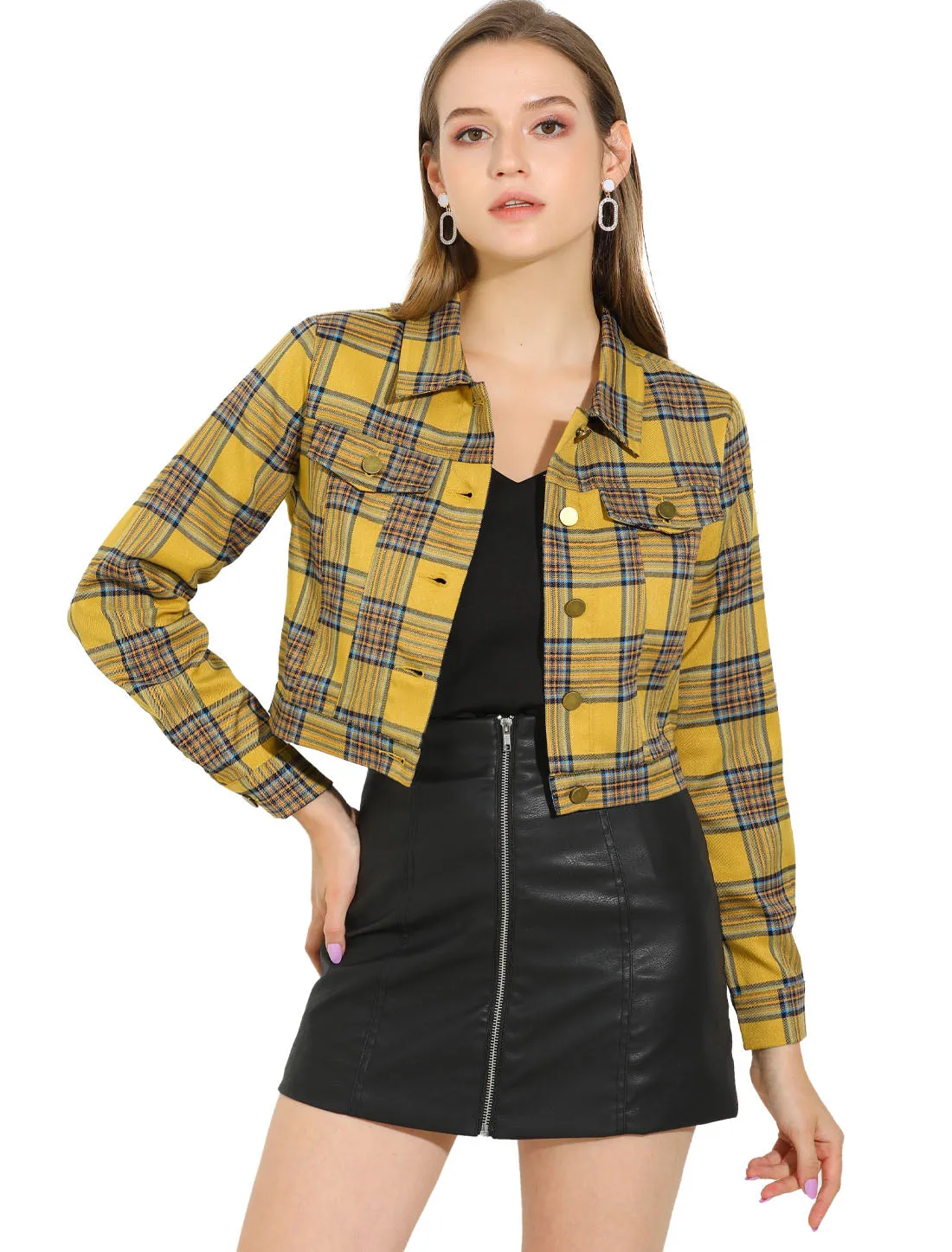 Plaid Cropped Long Sleeve Lapel Button Down Moto Jacket