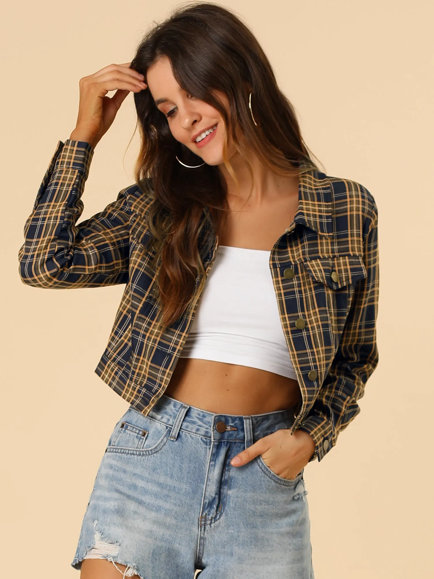 Plaid Cropped Long Sleeve Lapel Button Down Moto Jacket