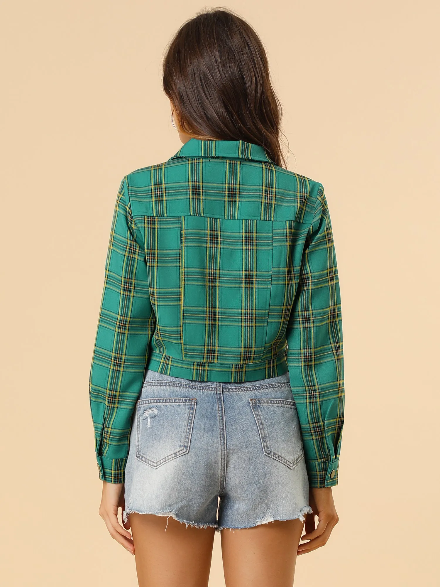 Plaid Cropped Long Sleeve Lapel Button Down Moto Jacket