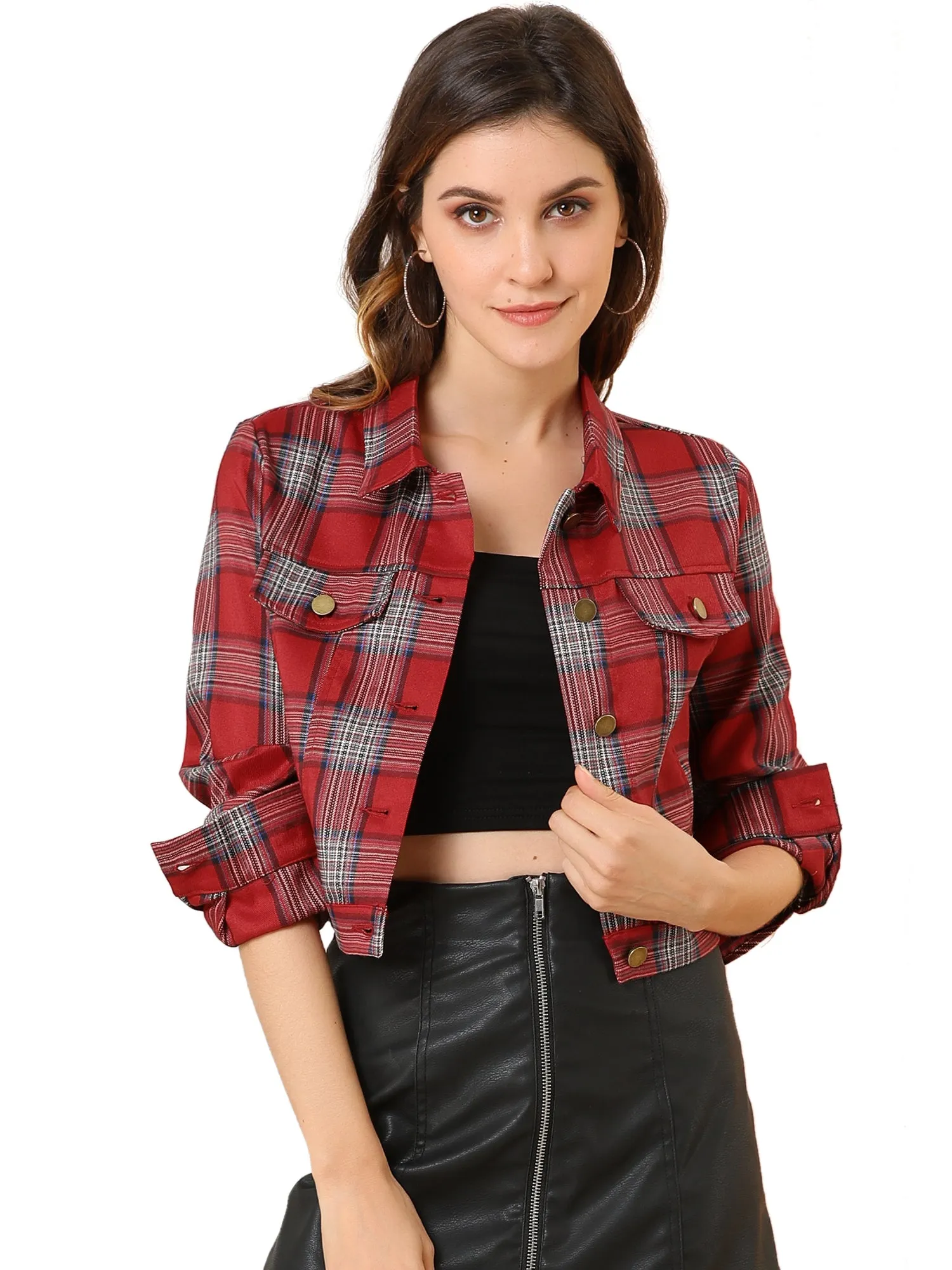 Plaid Cropped Long Sleeve Lapel Button Down Moto Jacket