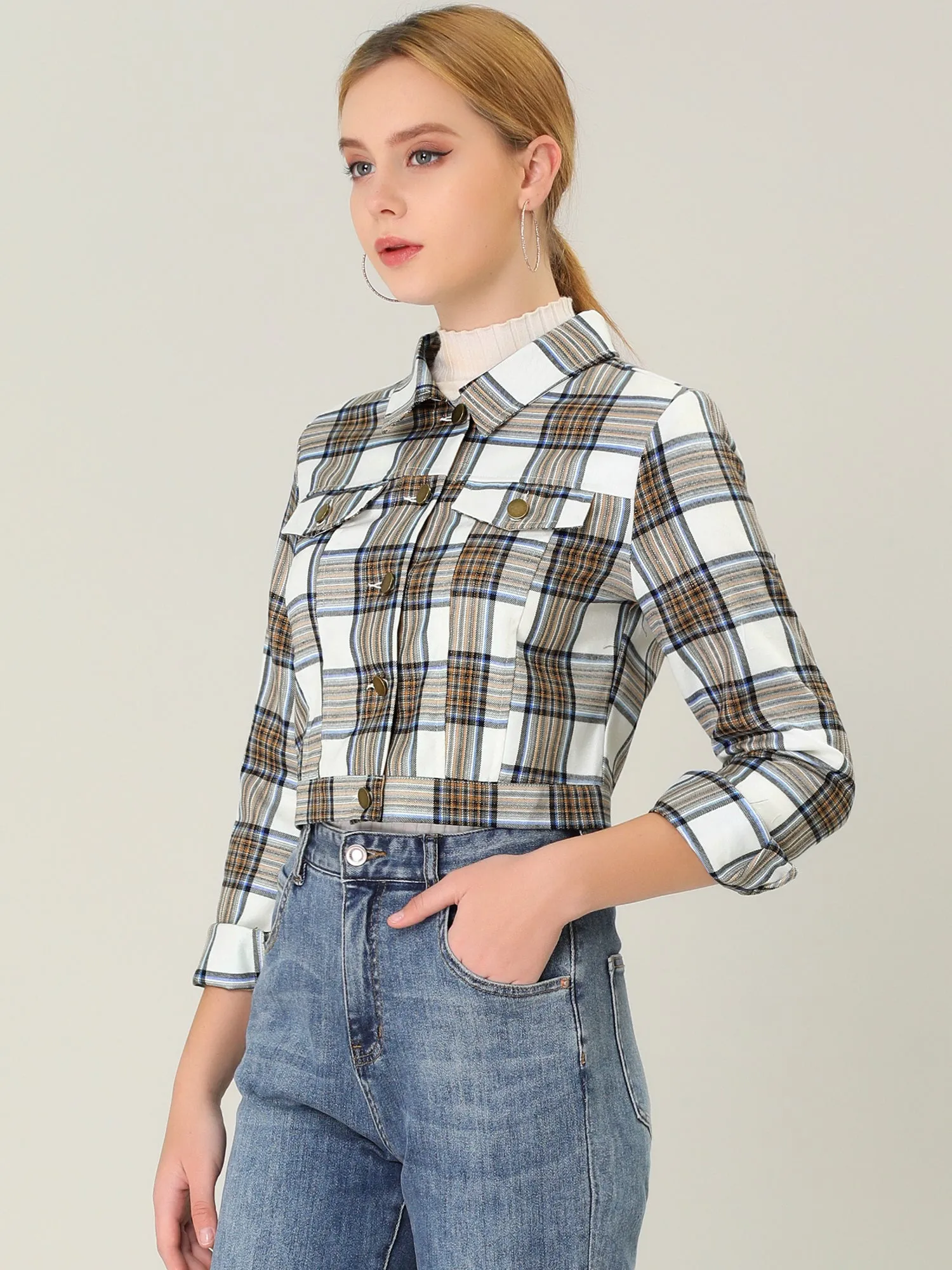 Plaid Cropped Long Sleeve Lapel Button Down Moto Jacket