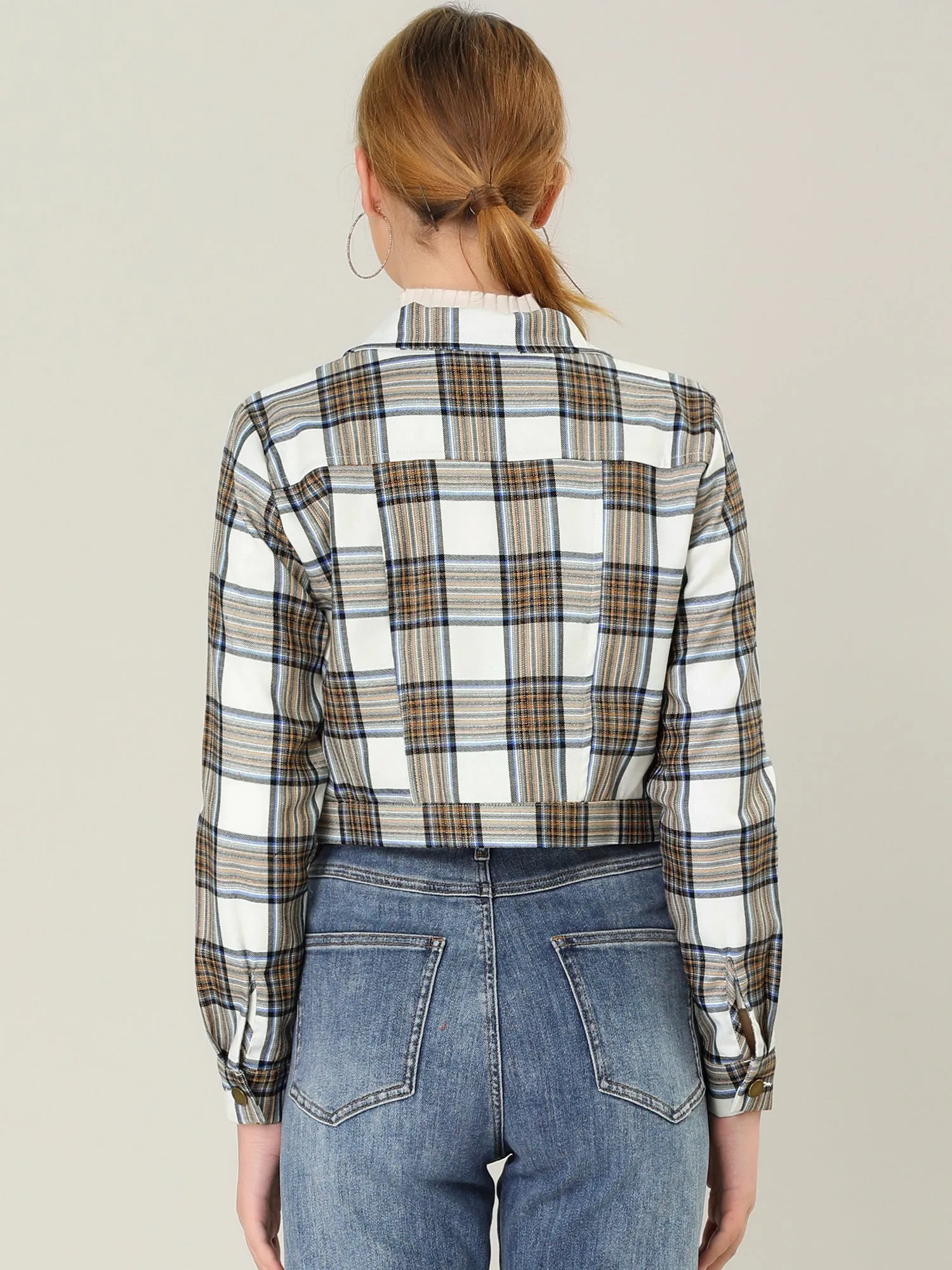 Plaid Cropped Long Sleeve Lapel Button Down Moto Jacket