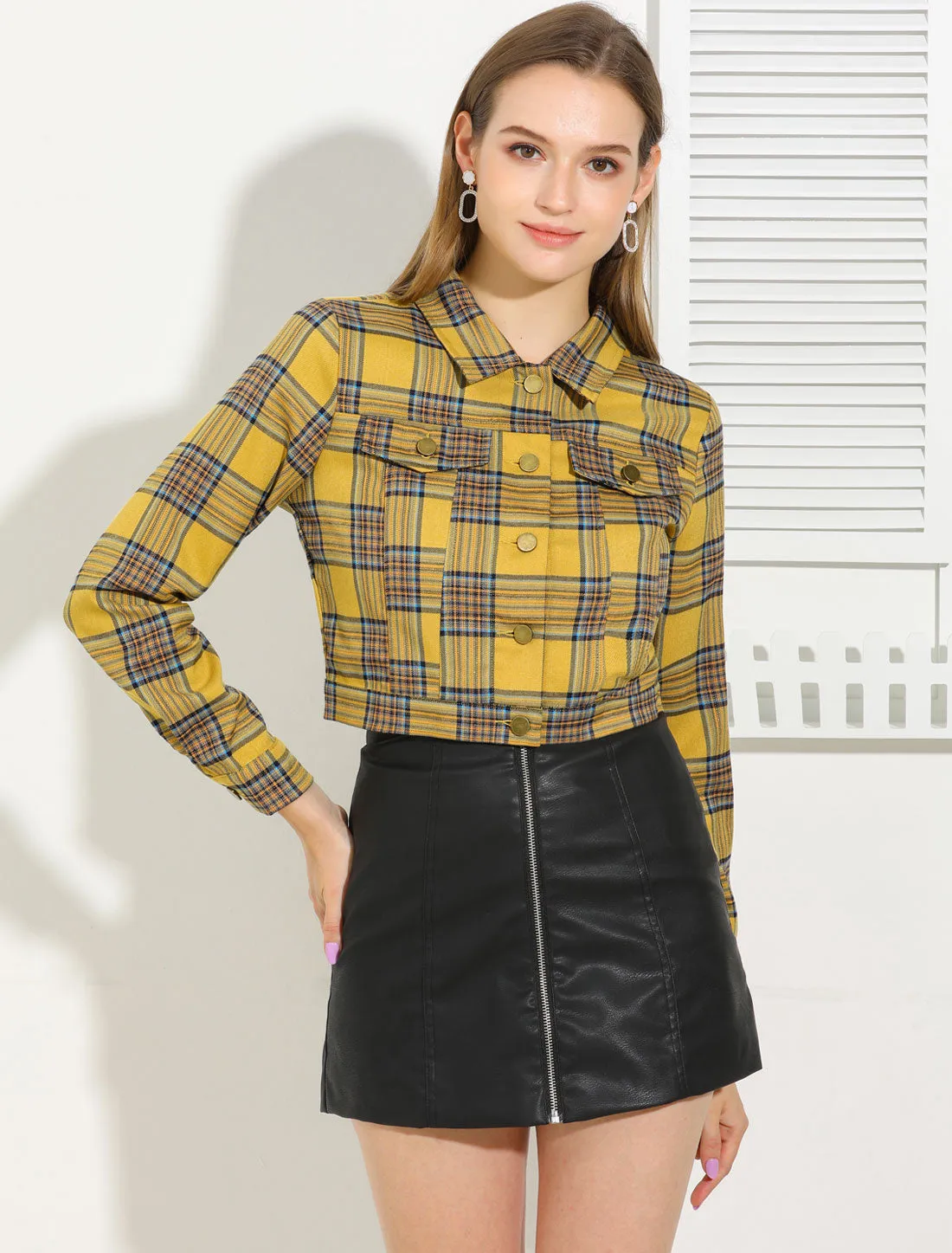 Plaid Cropped Long Sleeve Lapel Button Down Moto Jacket