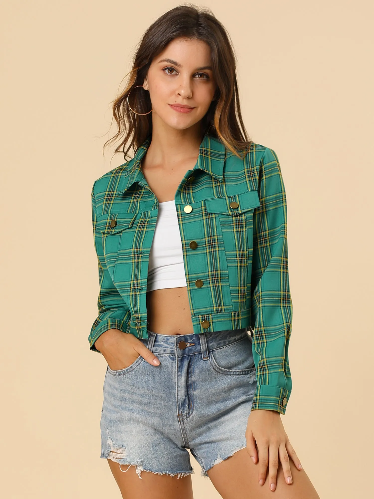 Plaid Cropped Long Sleeve Lapel Button Down Moto Jacket