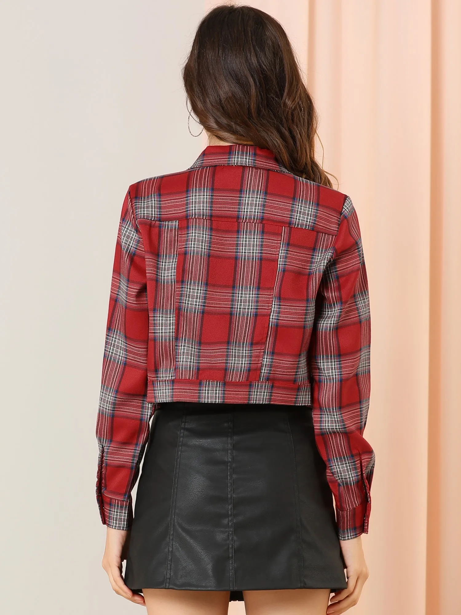 Plaid Cropped Long Sleeve Lapel Button Down Moto Jacket