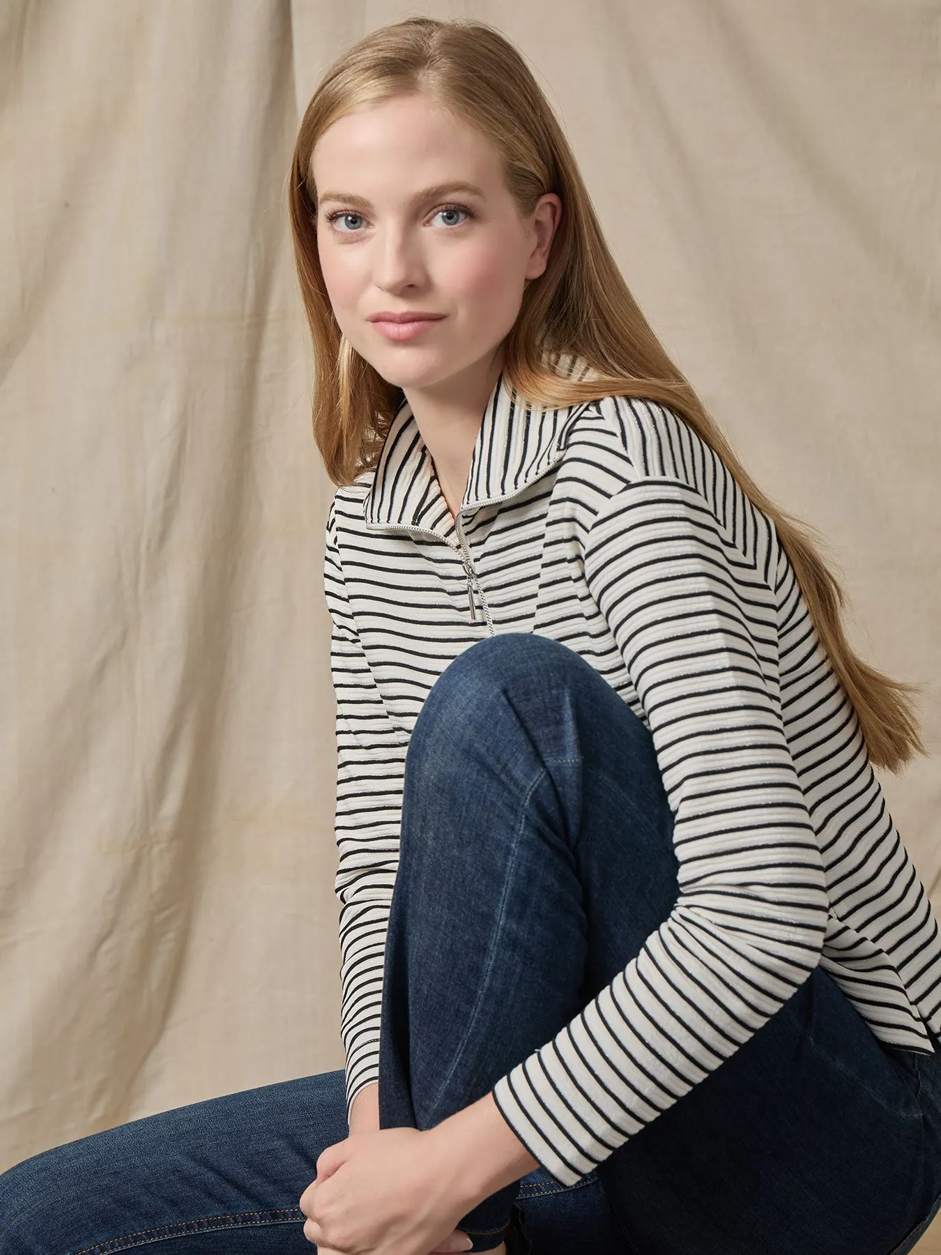 Quarter Zip Pull-Over Top, Ottoman Knit