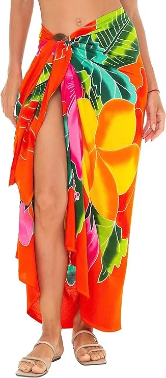 SHU-SHI Womens Hibiscus Floral Sarong Pareo Cover Up Bathing suit Women Flower Beach Wrap Long Pool Trip Resort Skirt