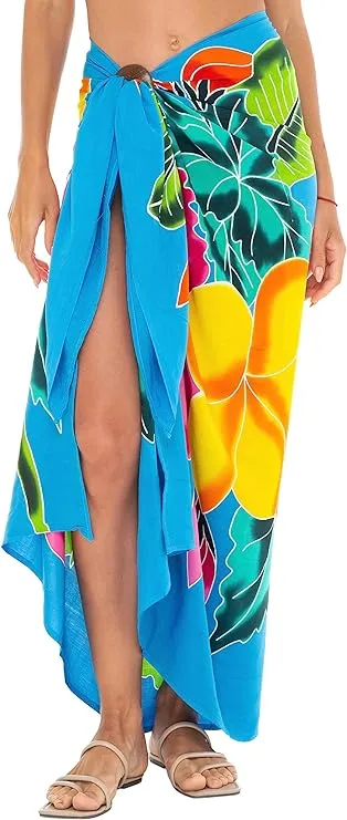 SHU-SHI Womens Hibiscus Floral Sarong Pareo Cover Up Bathing suit Women Flower Beach Wrap Long Pool Trip Resort Skirt