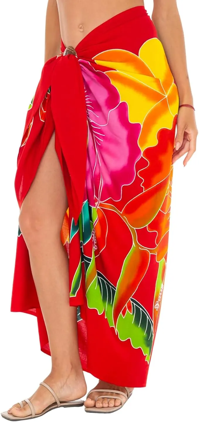 SHU-SHI Womens Hibiscus Floral Sarong Pareo Cover Up Bathing suit Women Flower Beach Wrap Long Pool Trip Resort Skirt