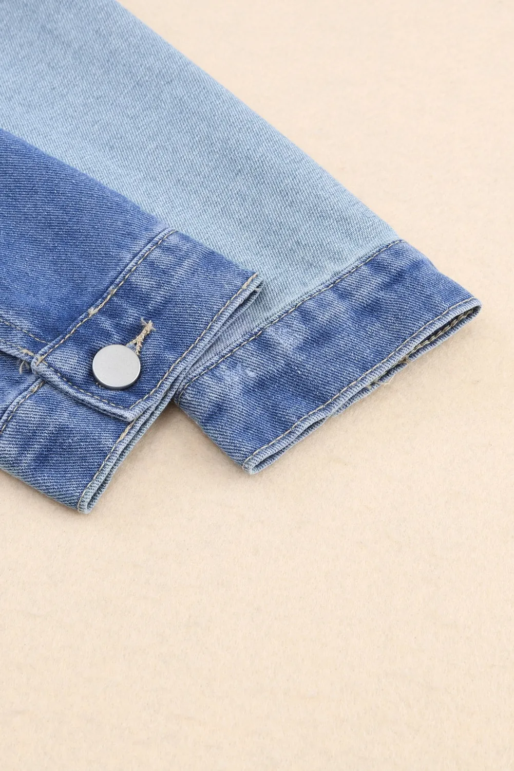 Sky Blue Colour Block Denim Patchwork Frayed Hem Jacket