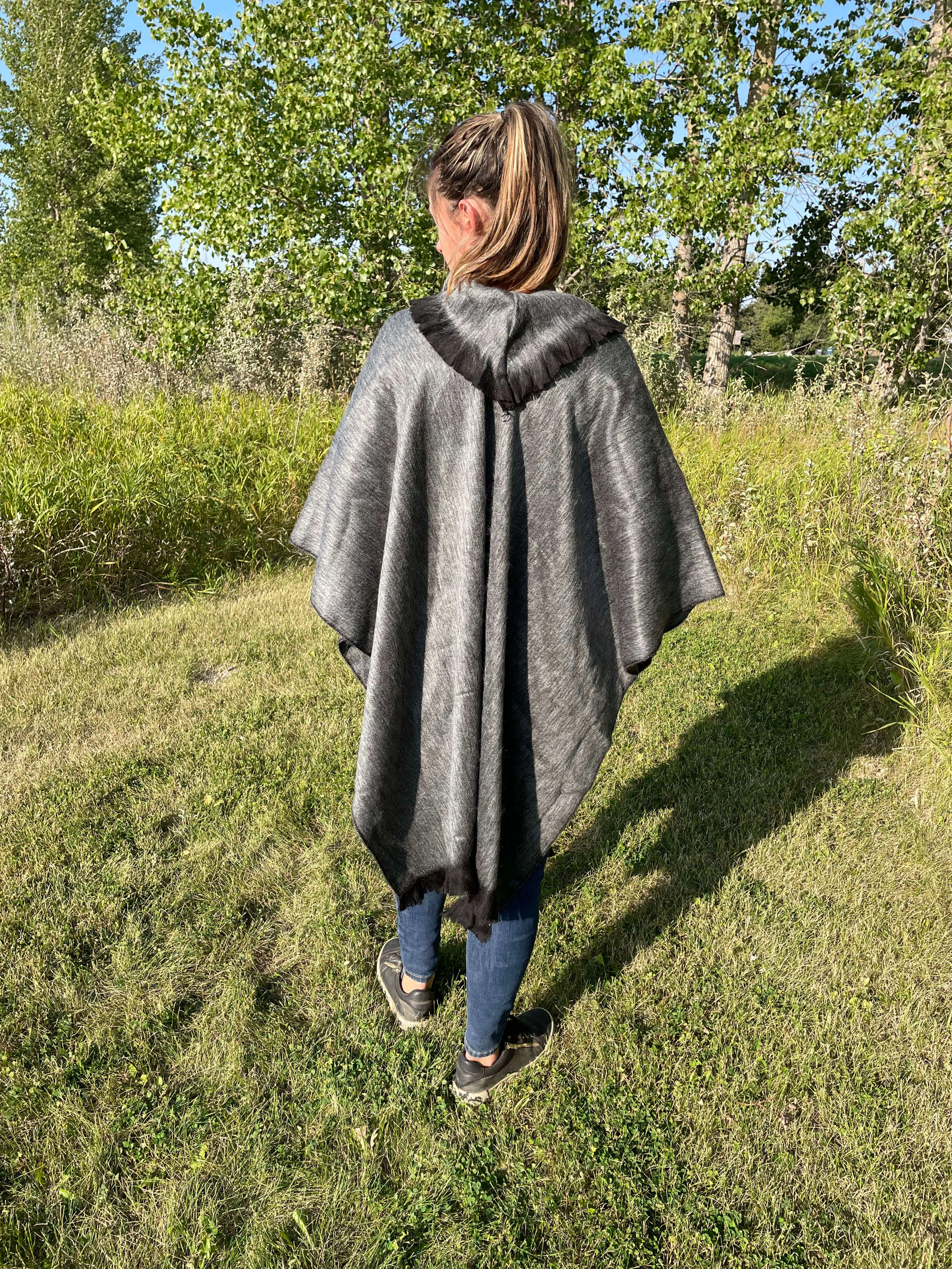Soft Cozy Pullover Cowl Neck Grey Alpaca Poncho