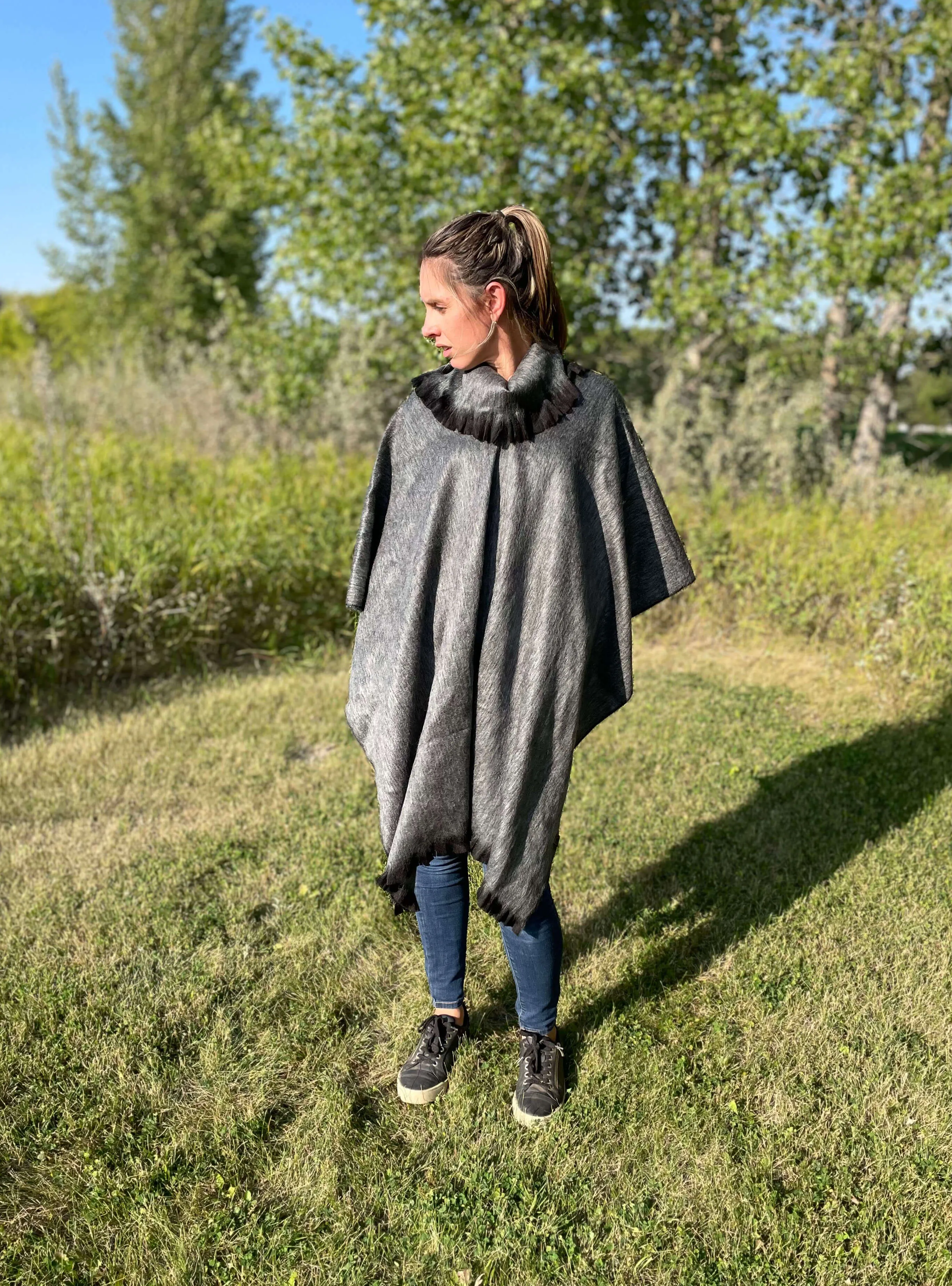 Soft Cozy Pullover Cowl Neck Grey Alpaca Poncho