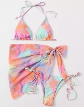 Tropical 3 piece bikini cover up skirt scarf set