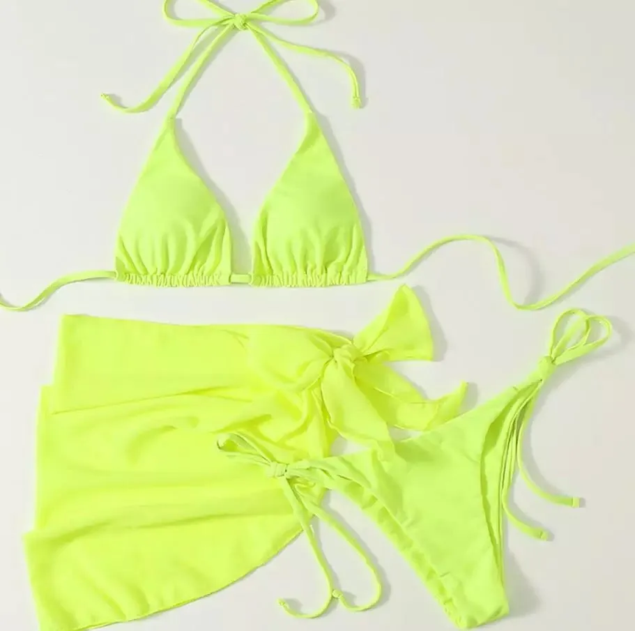 Tropical 3 piece bikini cover up skirt scarf set