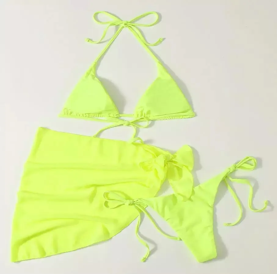 Tropical 3 piece bikini cover up skirt scarf set