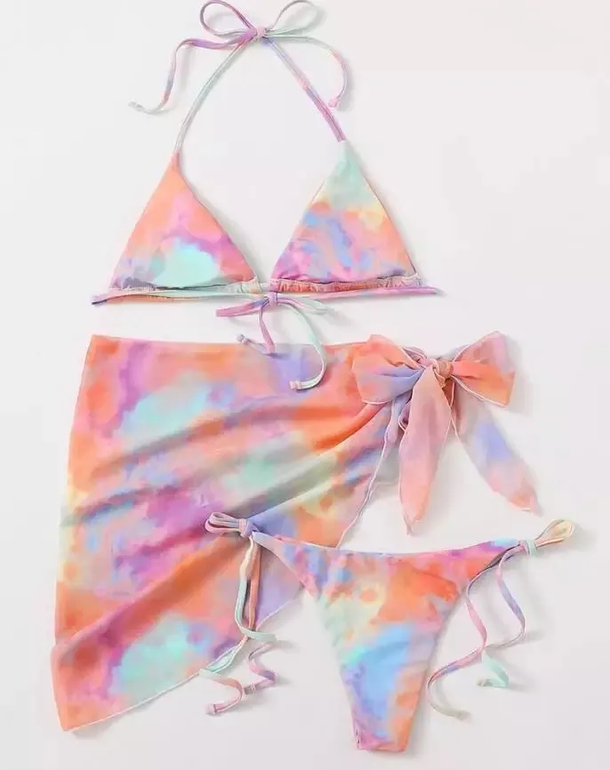 Tropical 3 piece bikini cover up skirt scarf set