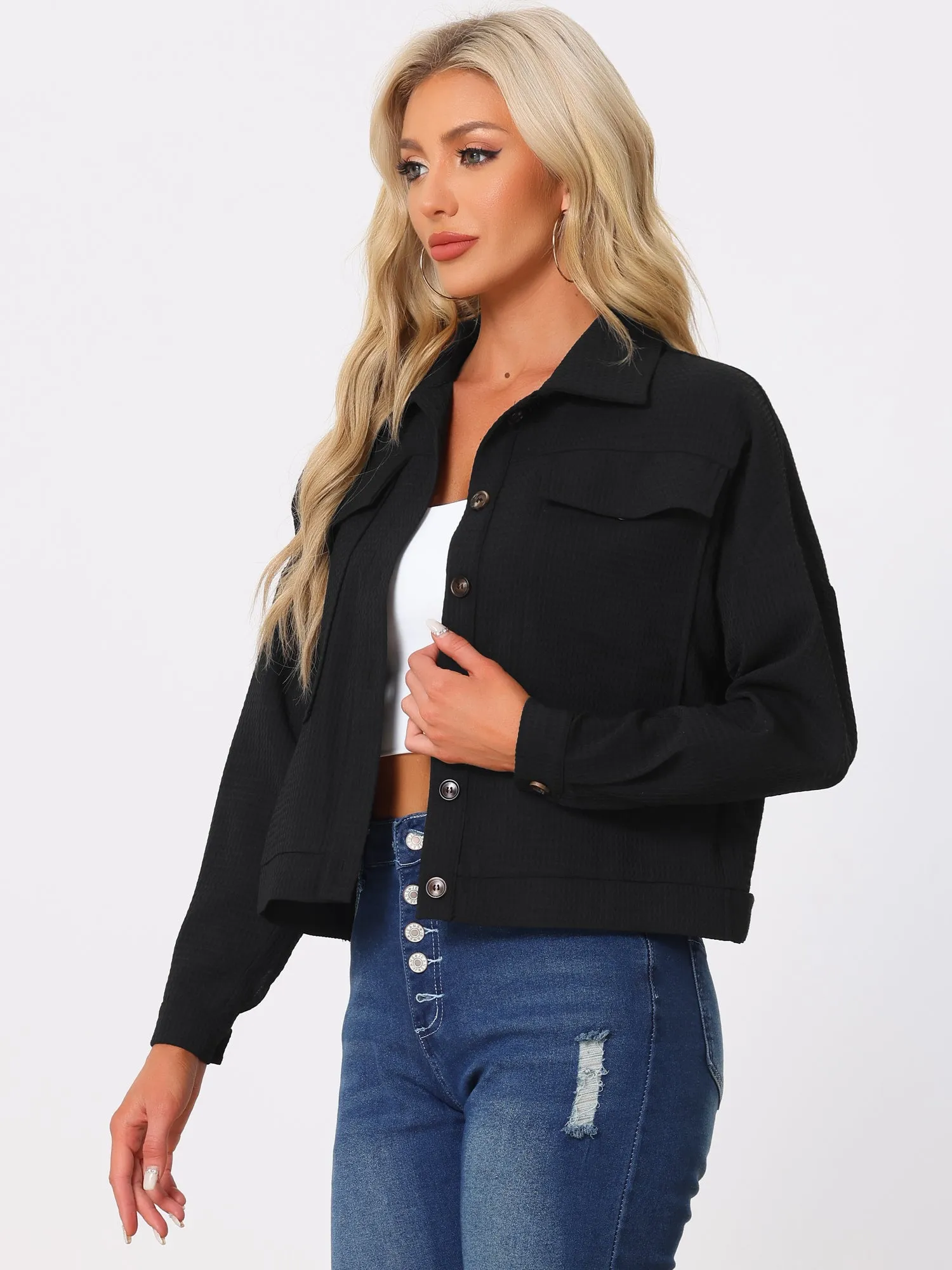 Waffle Shacket Drop Shoulder Pocket Collared Shirt Jacket