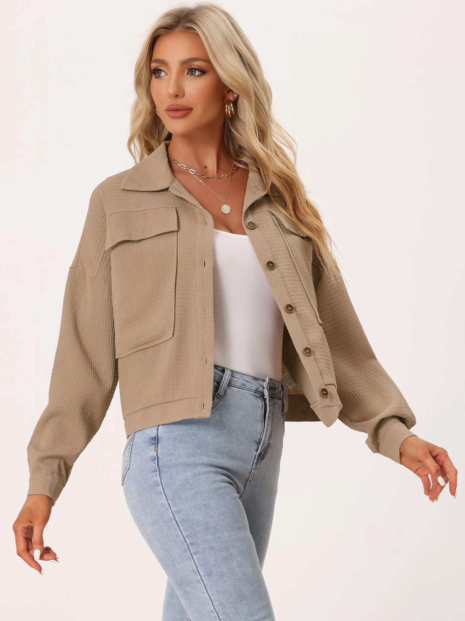 Waffle Shacket Drop Shoulder Pocket Collared Shirt Jacket