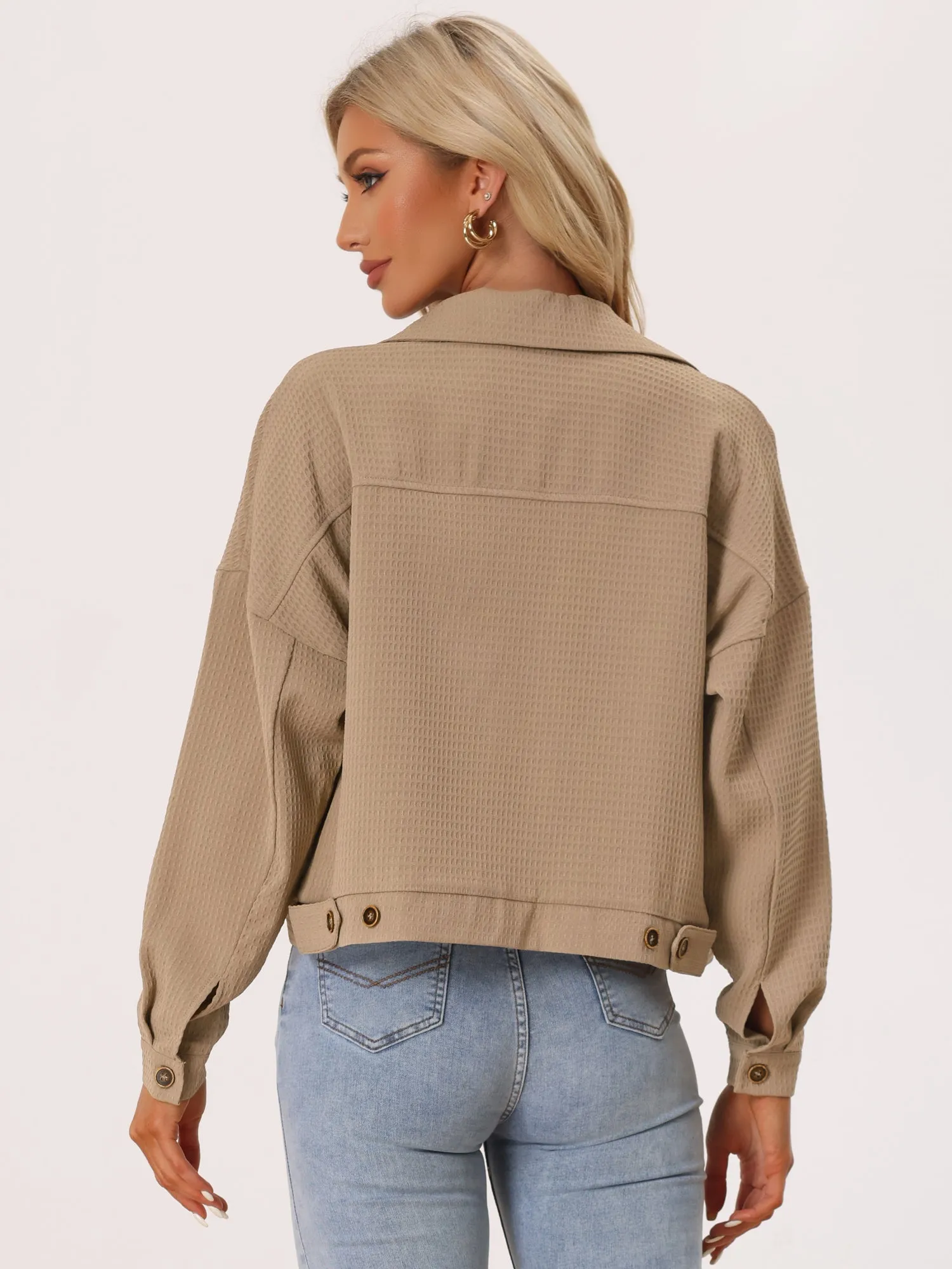 Waffle Shacket Drop Shoulder Pocket Collared Shirt Jacket